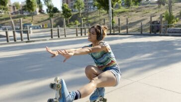 Attractive fit roller-skater girl having fun in a skate park outdoors in a sunny summer day. She wears denim shorts and a summer colorful striped shirt. She wears sunglasses and she's smiling.